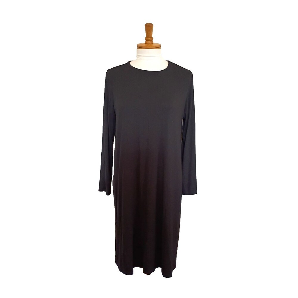 Eileen Fisher Black Jersey Viscose Knit Shift Dress Long Sleeve Minimalist SizeM